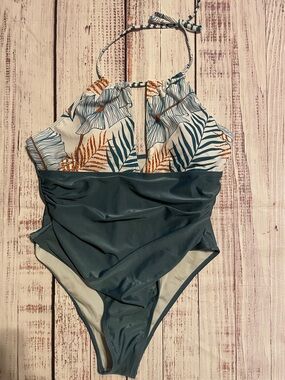 Target Women's One-Piece Swimsuit in Teal and White with Leaf Print